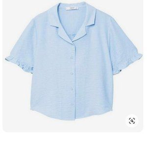 Light Blue Ruffle Sleeve Collared Blouse